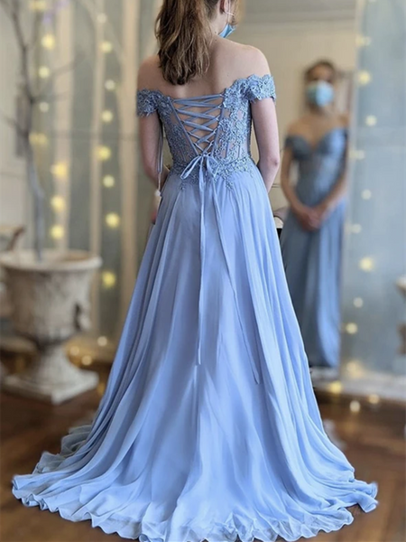 A Line Off Shoulder Blue Lace Long Prom Dresses, Off The Shoulder Blue ...
