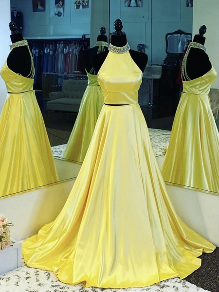 Halter Neck Open Back 2 Pieces Yellow Satin Long Prom Dresses, Backles –  morievent