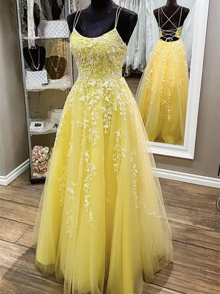 Backless Yellow Lace Long Prom Dresses, Open Back Long Yellow Lace For –  morievent