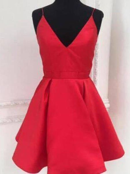 A Line V Neck Short Red Lace Prom Dresses, V Neck Short Red Lace Fomal Homecoming Dresses main image 1