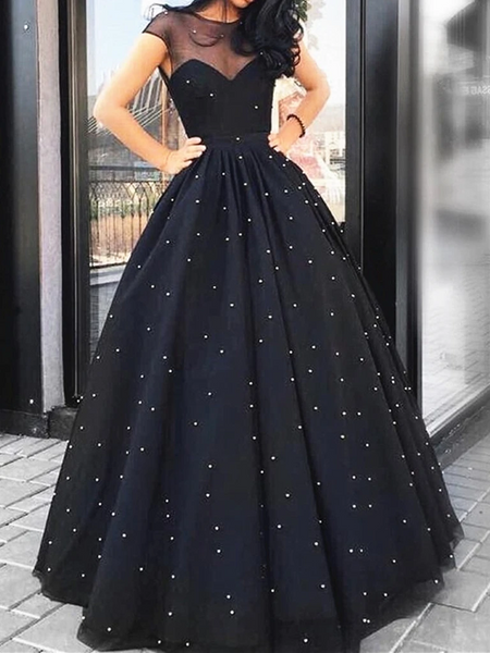 black cap sleeve prom dress Short-Sleeve Long Formal Dress 38868 with Train Black / 00