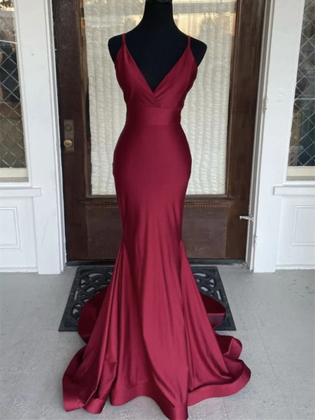 burgundy satin mermaid dress Gorgeous Burgundy Satin Mermaid Long Evening Prom Dresses, Spaghetti Straps  Prom Dress, MR9280