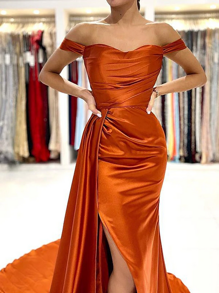 Off the Shoulder Orange Satin Prom Dresses, Orange Off Shoulder Satin – morievent