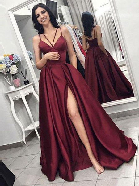 burgundy high neck prom dress Burgundy V Neck High Slit Prom Dresses, Sleeveless Formal Dresses –  morievent