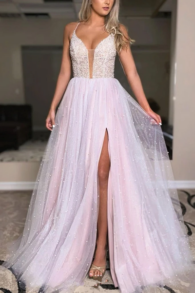 Deep V Neck Light Pink Backless Beaded Long Prom Dresss, Shiny Open Ba – morievent