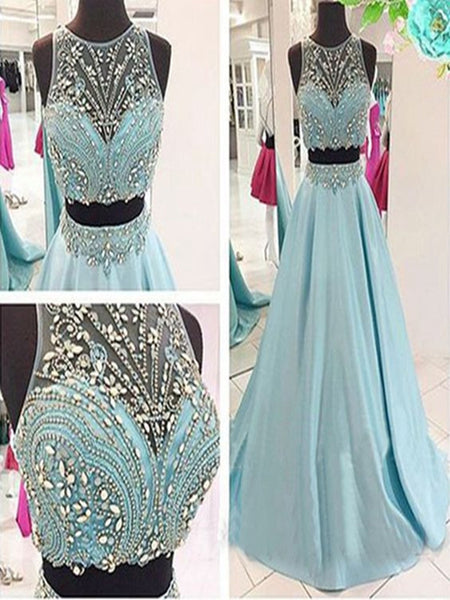 A Line Round Neck 2 Pieces Light Blue Prom Dress, 2 Pieces Formal Dres –  morievent