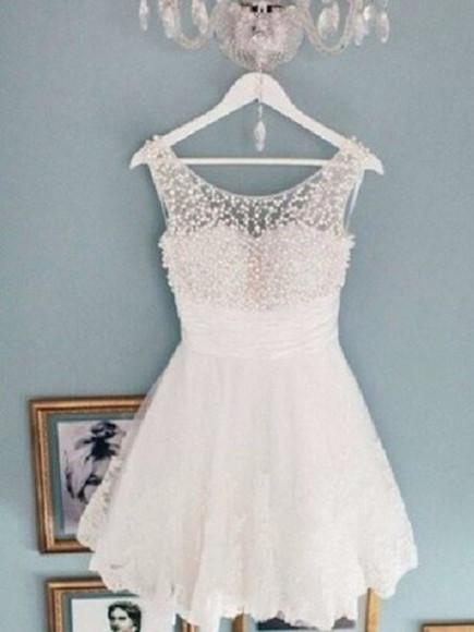 Round Neck White Short Lace Prom Dresses, Homecoming morievent Round Neck White Short Lace Prom Dresses, Homecoming morievent