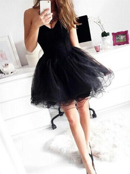 simple short black prom dress Simple A line Strapless Sleeveless Black Prom Dresses Slit Knee Length PreppyDress