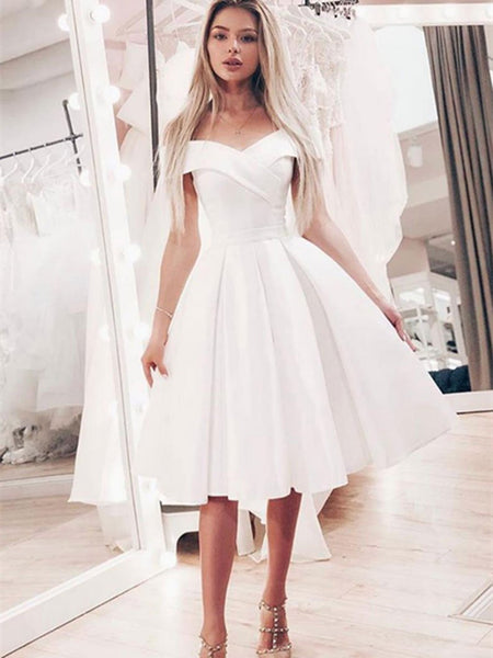 white semi formal dress Simple off shoulder satin short prom dress, Short bridesmaid dress, White homecomimg Shoulder to waist =7 Show Me Your Mumu Size:12-14 BFTEST