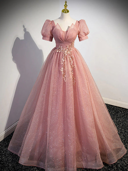 Pink A Line Tulle Sequin Lace Long Prom Dress, Pink Formal Evening Dresses