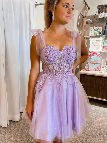 Sweetheart Neck Purple Lace Prom Dresses, Lilac Lace Homecoming Dresses, Short Purple Formal Evening Dresses
