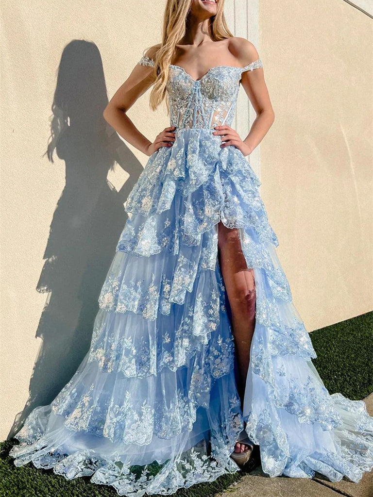 Blue Tulle Lace Long Prom Dress, Off the Shoulder Evening Dress Party – morievent
