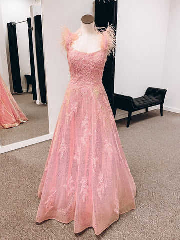 Open Back Pink Lace Prom Dresses Long, Pink Lace Formal Dresses, Pink Evening Dresses