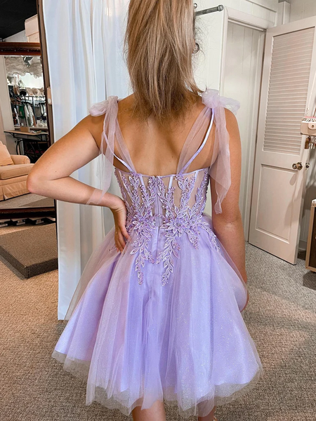Sweetheart Neck Purple Lace Prom Dresses, Lilac Lace Homecoming Dresses, Short Purple Formal Evening Dresses
