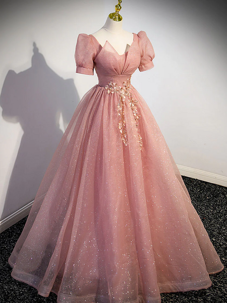 Pink A Line Tulle Sequin Lace Long Prom Dress, Pink Formal Evening Dresses