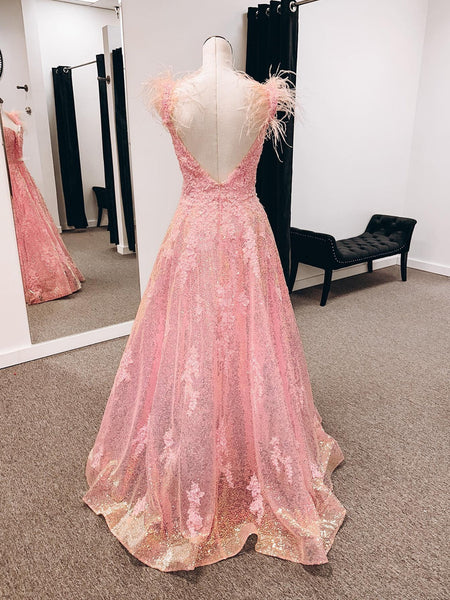 Open Back Pink Lace Prom Dresses Long, Pink Lace Formal Dresses, Pink Evening Dresses