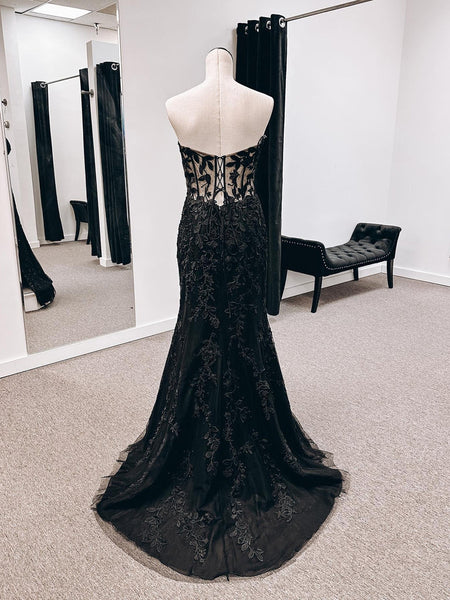 Strapless Mermaid Black Lace Long Prom Dresses with High Slit, Black Lace Formal Dresses, Black Evening Dresses