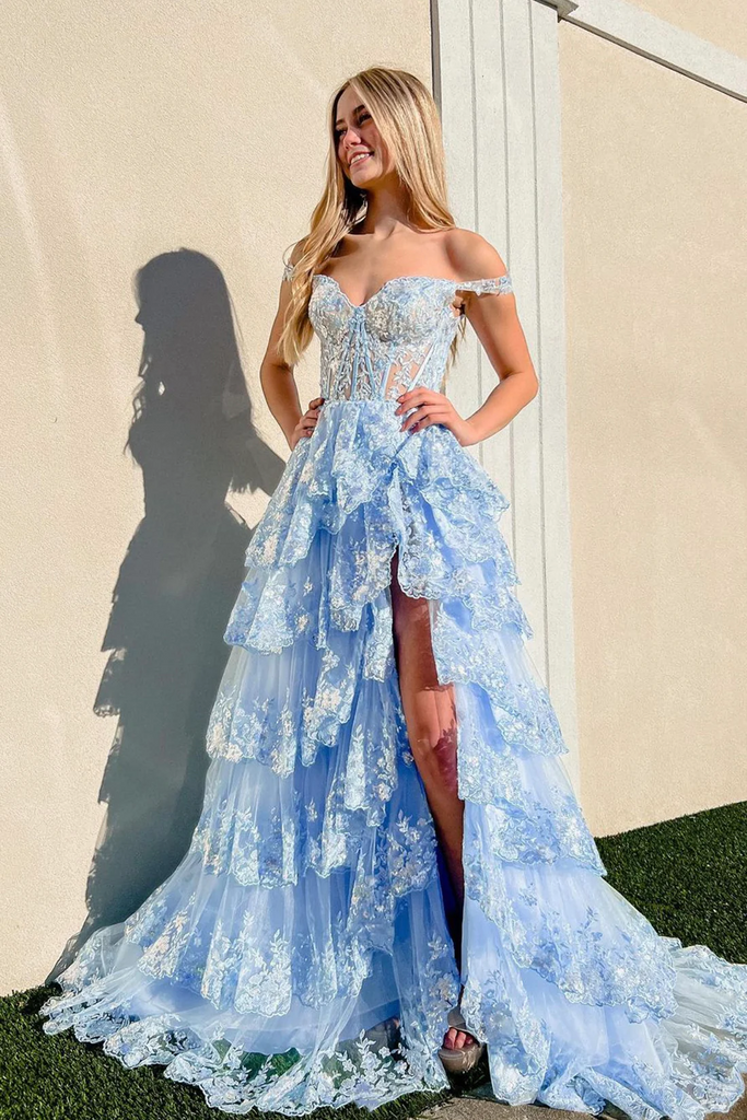 Blue off the shoulder formal dress hot sale
