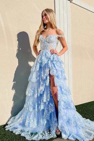 Blue Tulle Lace Long Prom Dress, Off the Shoulder Evening Dress Party Dress