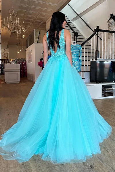 A Line V Neck Arctic Blue Lace Tulle Long Prom Dresses,  Blue Tulle Lace Formal Evening Dresses