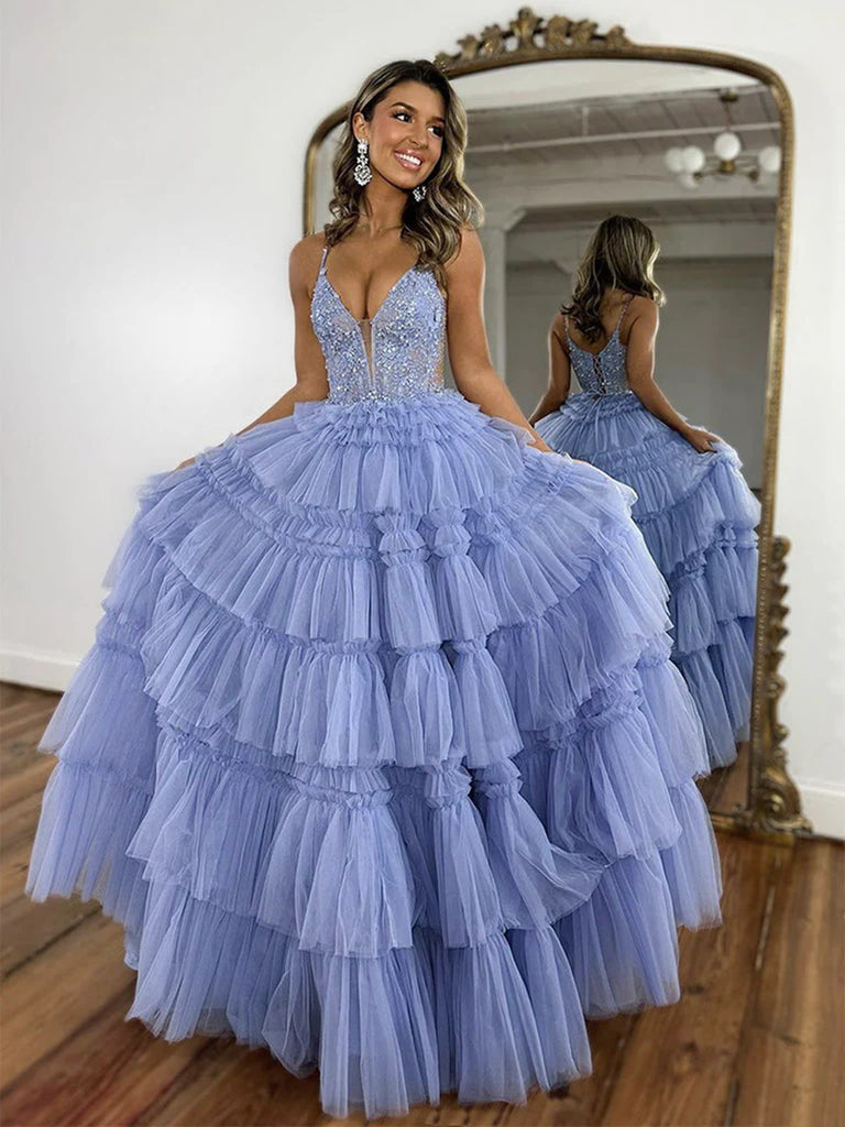 Blue Layered V Neck Lace Tulle Long Prom Dresses, Blue Lace Long Formal Evening Graduation Dresses