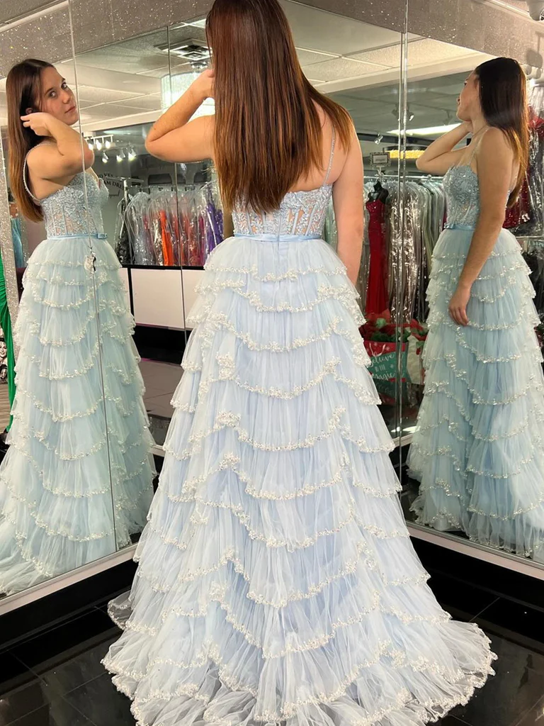 Sequined Multi Layers White Blue Floral Long Prom Dresses with High Sl morievent Sequined Multi Layers White Blue Floral Long Prom Dresses with High Sl morievent