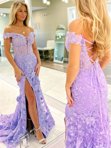 Off Shoulder Lavender Mermaid Lace Long Prom Dresses, Off the Shoulder Purple Lace Mermaid Formal Evening Dresses