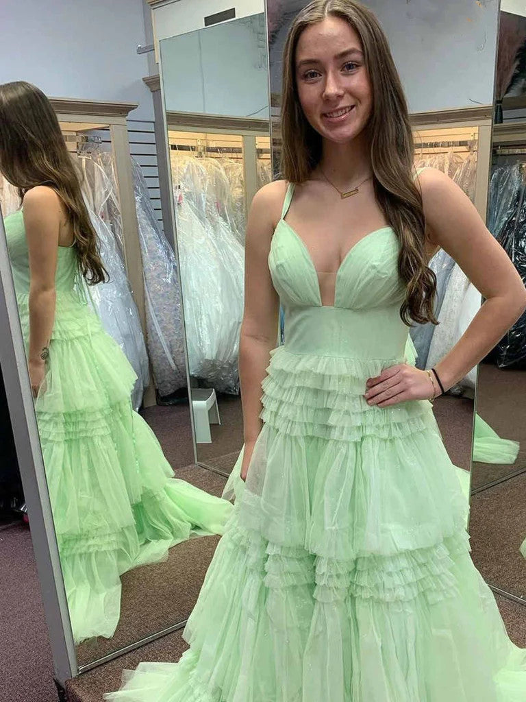 V Neck Open Back Green Layered Long Prom Dresses, V Neck Green Formal morievent V Neck Open Back Green Layered Long Prom Dresses, V Neck Green Formal morievent
