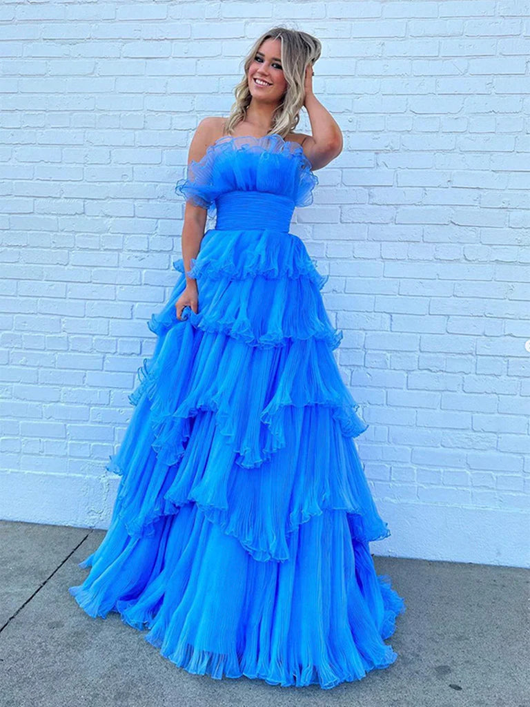 Strapless Blue Layered High Low Long Prom Dresses, Blue Layered High Low Long Formal Evening Dresses