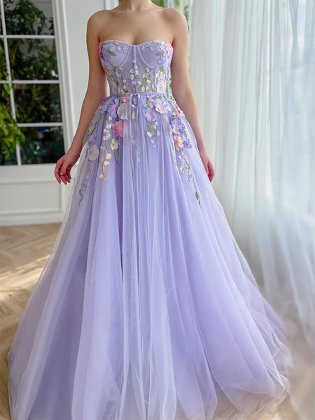 A Line  Strapless Lilac Floor Length Party Dresses with 3D Flowers, Strapless Purple Tulle Long Prom Formal Evening Dresses