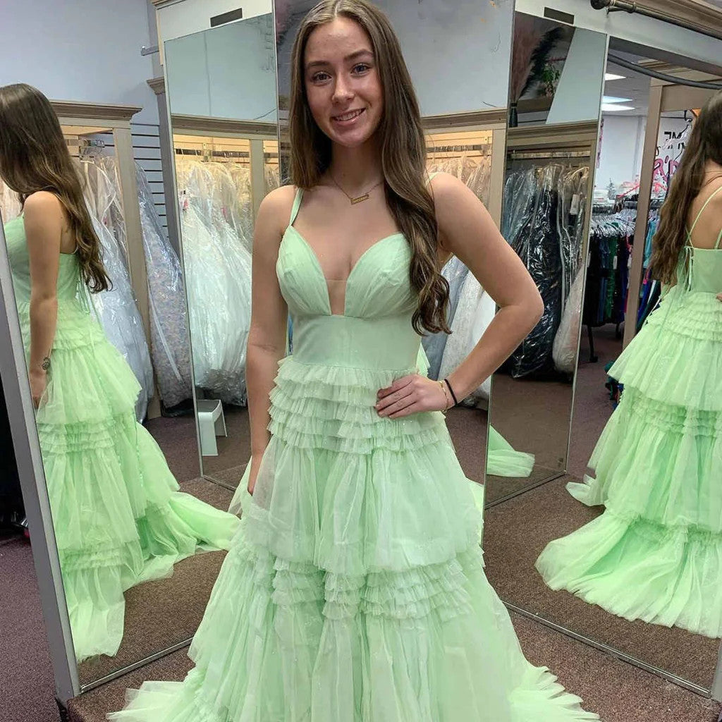 V Neck Open Back Green Layered Long Prom Dresses, V Neck Green Formal morievent V Neck Open Back Green Layered Long Prom Dresses, V Neck Green Formal morievent