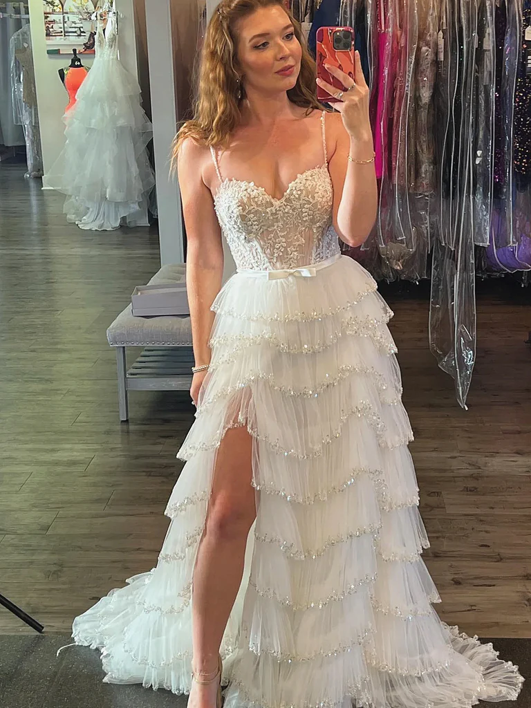 Sequined Multi Layers White Blue Floral Long Prom Dresses with High Sl morievent Sequined Multi Layers White Blue Floral Long Prom Dresses with High Sl morievent