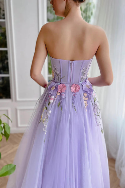 A Line  Strapless Lilac Floor Length Party Dresses with 3D Flowers, Strapless Purple Tulle Long Prom Formal Evening Dresses