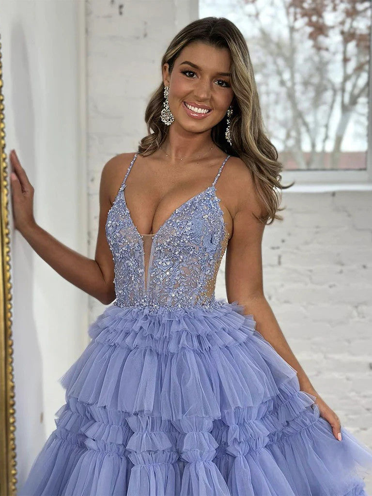 Blue Layered V Neck Lace Tulle Long Prom Dresses, Blue Lace Long Forma morievent Blue Layered V Neck Lace Tulle Long Prom Dresses, Blue Lace Long Forma morievent