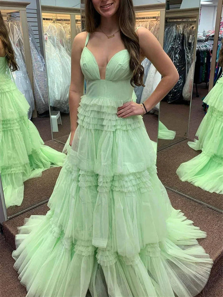 V Neck Open Back Green Layered Long Prom Dresses, V Neck Green Formal morievent V Neck Open Back Green Layered Long Prom Dresses, V Neck Green Formal morievent