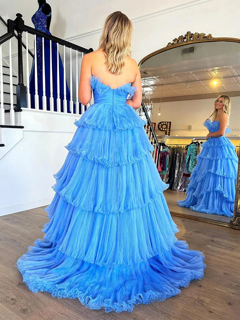 Strapless Blue Layered High Low Long Prom Dresses, Blue Layered High L morievent Strapless Blue Layered High Low Long Prom Dresses, Blue Layered High L morievent