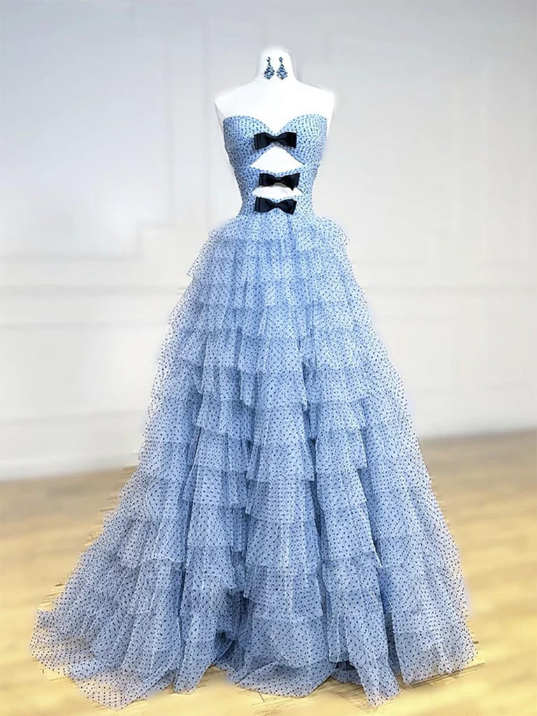 Unique Sweetheart Neck Blue Tulle Long Prom Dresses, Sweetheart Neck Tulle Blue Long Formal Evening Dresses