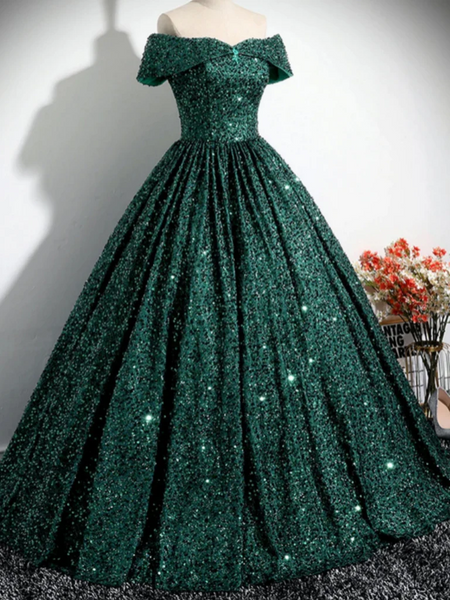 Off Shoulder Green Sequins Long Prom Dresses, Off the Shoulder Formal Evening Dresses, Sequins Green Ball Gowns