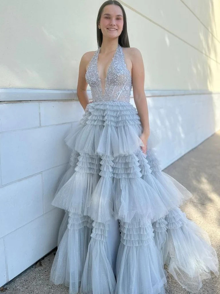 gray halter prom dress Grey Chiffon Halter Beaded Long Prom Dresses Formal Dress for Girls, MP251