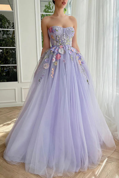 A Line  Strapless Lilac Floor Length Party Dresses with 3D Flowers, Strapless Purple Tulle Long Prom Formal Evening Dresses