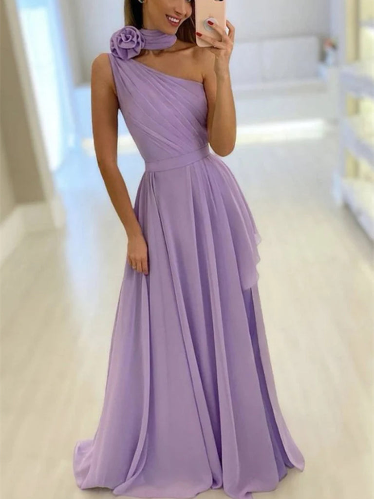 One Shoulder Purple Chiffon Long Prom Dresses, Purple Chiffon One Shoulder Long Formal Graduation Evening Dresses, Purple Bridesmaid Dresses