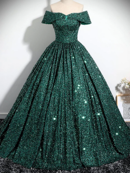 Off Shoulder Green Sequins Long Prom Dresses, Off the Shoulder Formal Evening Dresses, Sequins Green Ball Gowns