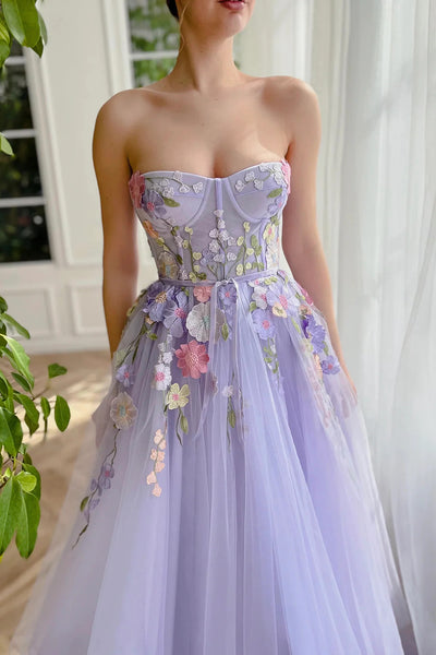 A Line  Strapless Lilac Floor Length Party Dresses with 3D Flowers, Strapless Purple Tulle Long Prom Formal Evening Dresses