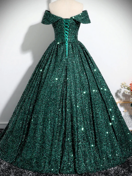 Off Shoulder Green Sequins Long Prom Dresses, Off the Shoulder Formal Evening Dresses, Sequins Green Ball Gowns