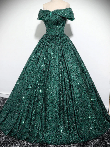 Off Shoulder Green Sequins Long Prom Dresses, Off the Shoulder Formal Evening Dresses, Sequins Green Ball Gowns