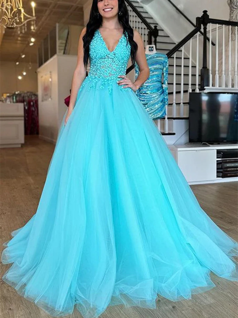 A Line V Neck Arctic Blue Lace Tulle Long Prom Dresses, Blue Tulle Lac morievent A Line V Neck Arctic Blue Lace Tulle Long Prom Dresses, Blue Tulle Lac morievent