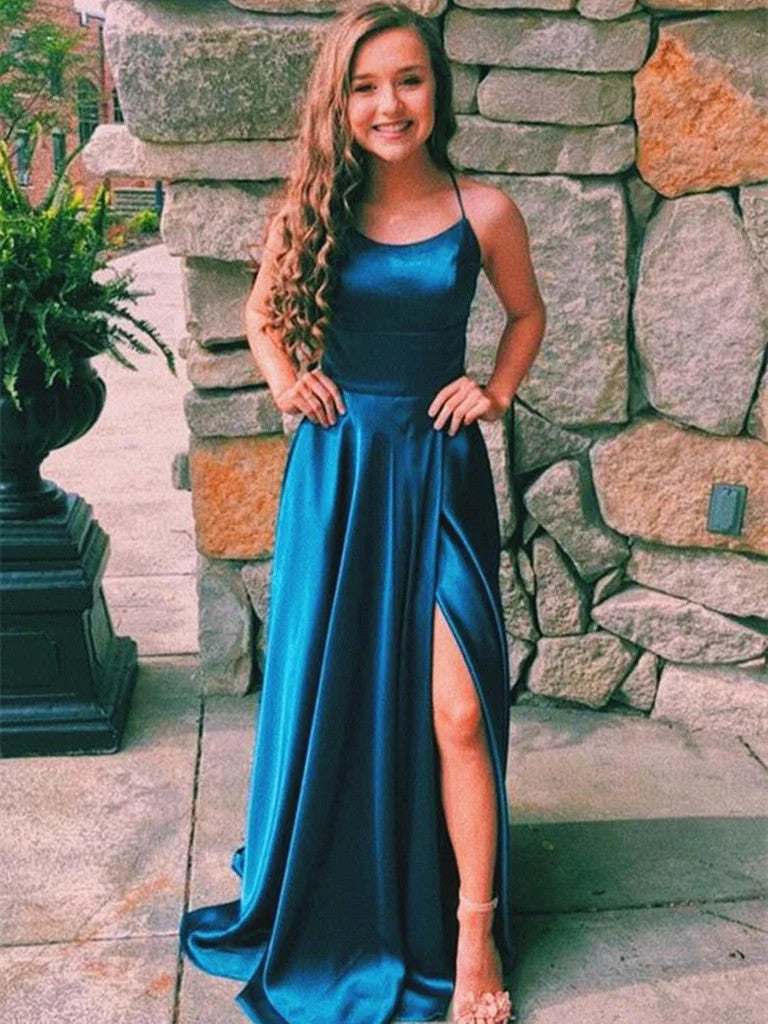 A Line Teal Blue Satin Long Prom Dresses With High Slit, Teal Blue Lon morievent A Line Teal Blue Satin Long Prom Dresses With High Slit, Teal Blue Lon morievent