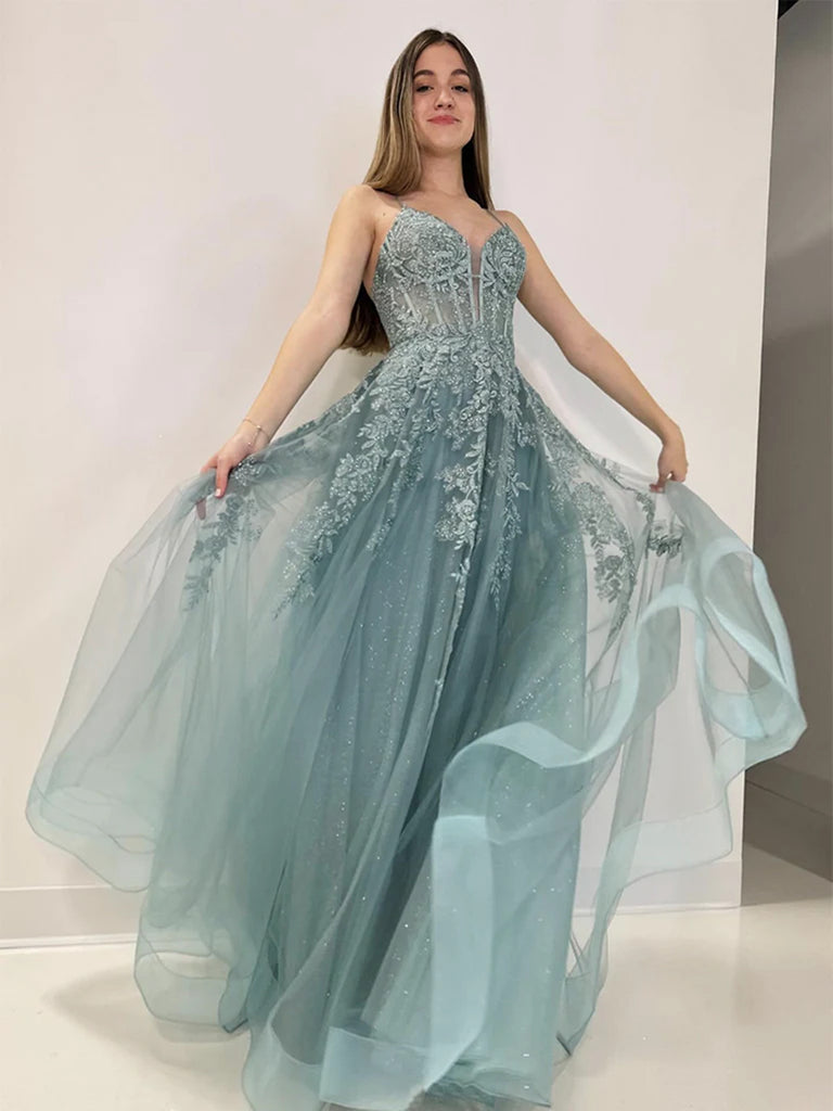 A Line V Neck Tulle Lace Gray Green Long Prom Dresses, Gray Green V Neck Lace Tulle Long Formal Dresses