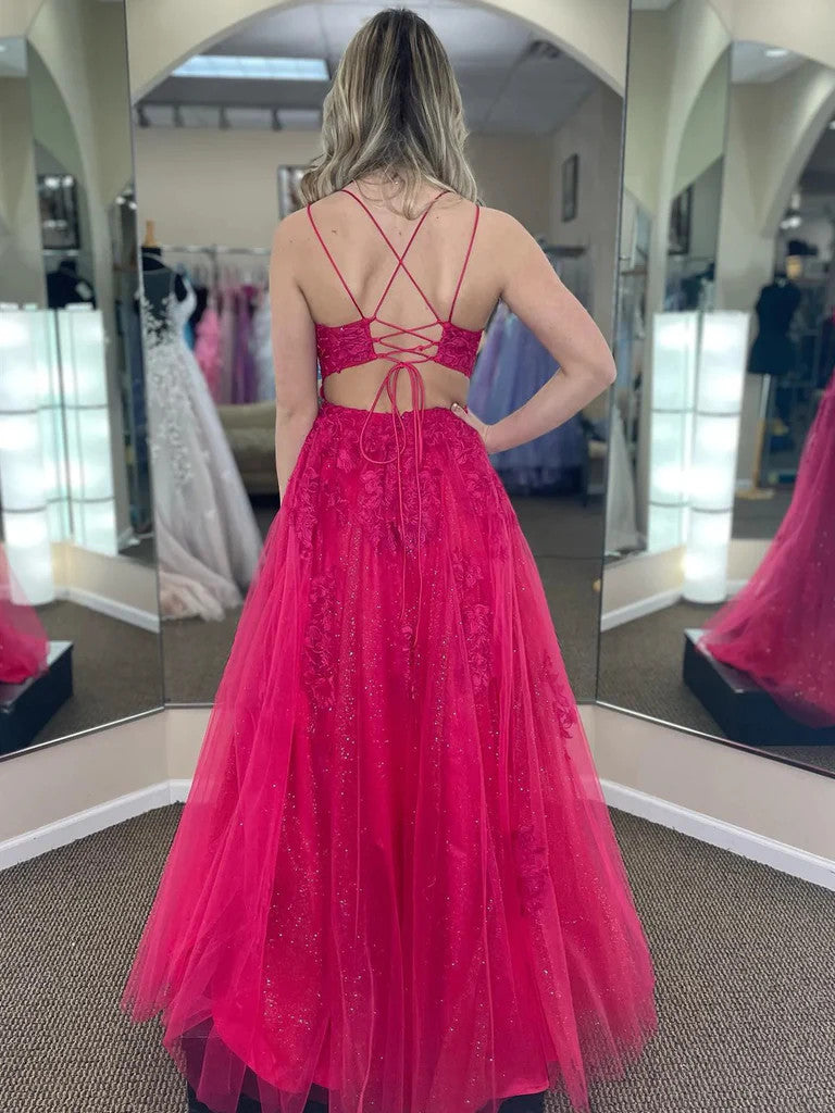 A Line Fuchsia Pink Lace Backless Long Prom Dresses, Fuchsia Pink Lace morievent A Line Fuchsia Pink Lace Backless Long Prom Dresses, Fuchsia Pink Lace morievent