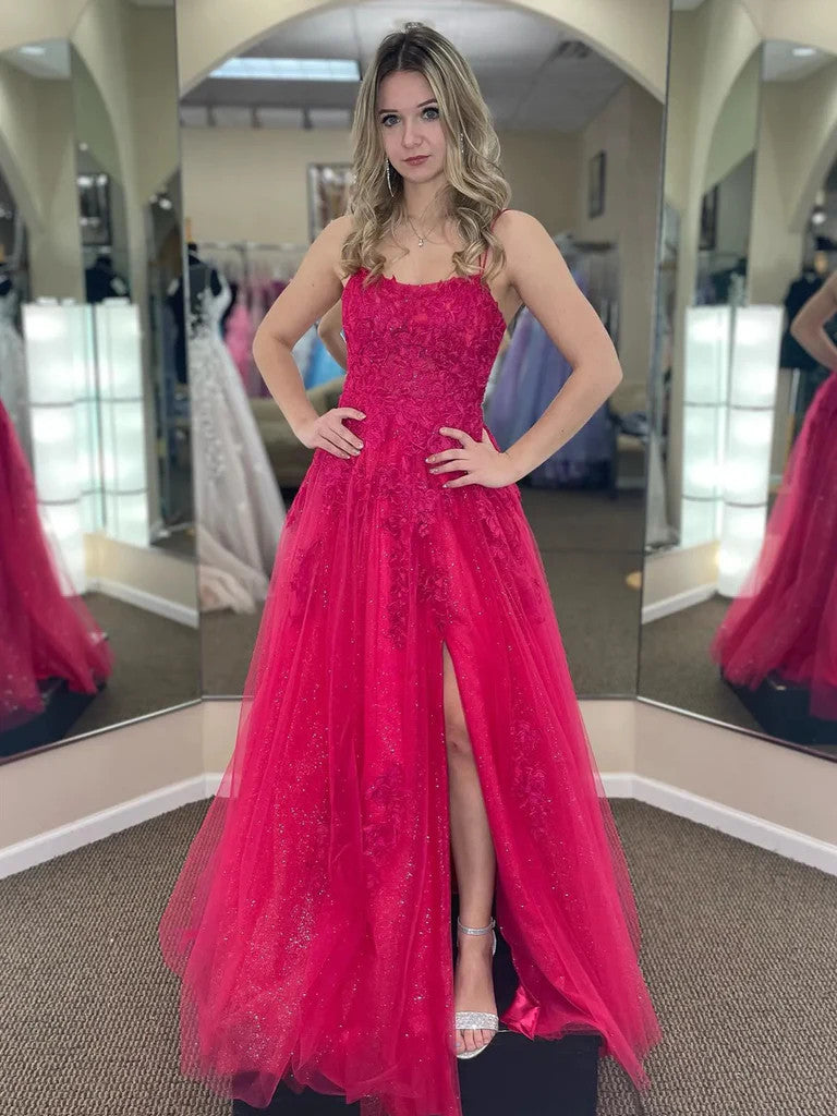 A Line Fuchsia Pink  Lace Backless Long Prom Dresses, Fuchsia Pink Lace Long Formal Evening Dresses